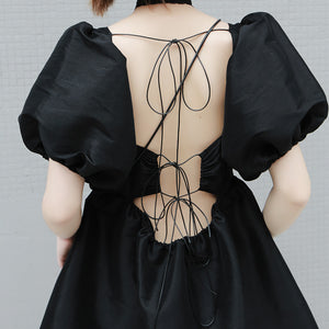 Lace-up Puff-sleeve High-waist Dress