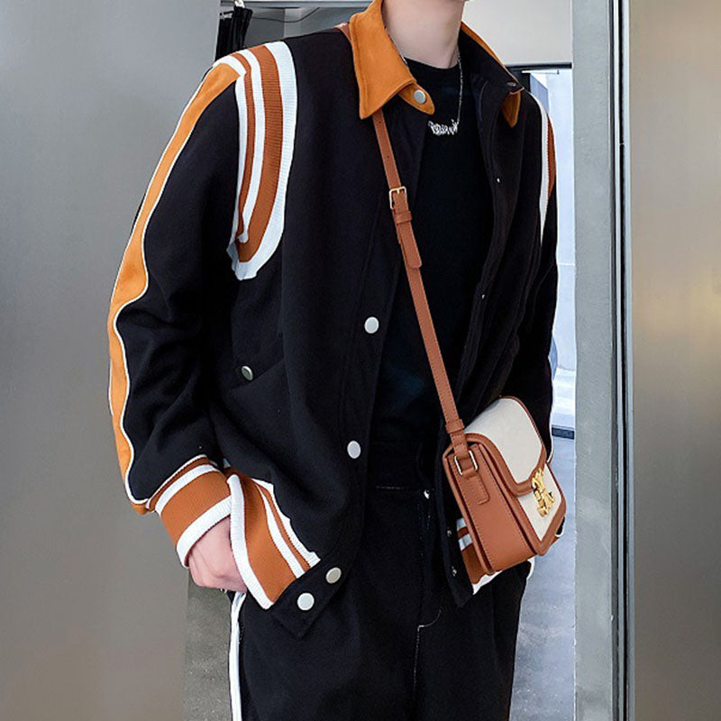 Contrasting Lapel Panel Baseball Jacket