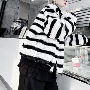 Black And White Contrast Stripe Plush Jacket