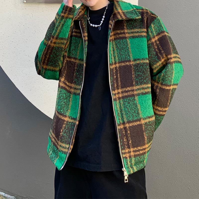 Green Plaid Zipper Lapel Slim Fit Jacket