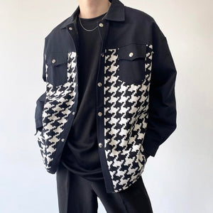 Houndstooth Panel Frayed Lapel Jacket