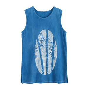 Blue Bamboo Cotton Linen Print Tank Top