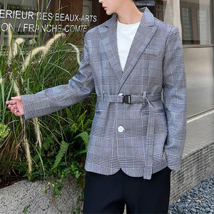 Houndstooth Belted Waist Casual Blazer