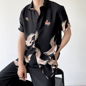 Crane Printed Lapel Short Sleeve Shirt