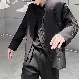 Embroidered Stand Collar Bias Placket Jacket