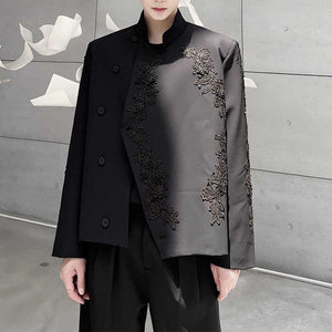 Embroidered Stand Collar Bias Placket Jacket