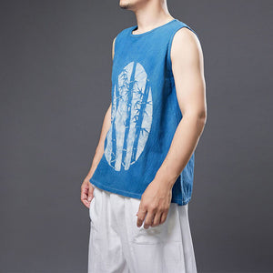 Blue Bamboo Cotton Linen Print Tank Top