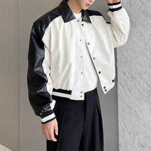 Black and White Contrast PU Leather Short Jacket