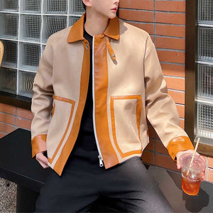 Contrast Color Cropped Lapel PU Leather Jacket