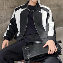 Load image into Gallery viewer, Black And White Colorblock Shoulder Pad Cropped Jacket
