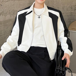 Black And White Colorblock Shoulder Pad Cropped Jacket