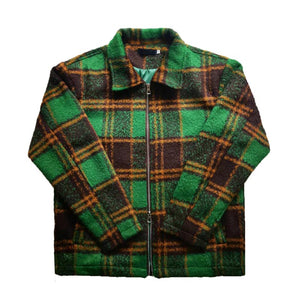 Green Plaid Zipper Lapel Slim Fit Jacket