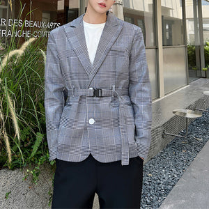 Houndstooth Belted Waist Casual Blazer