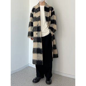 Color Block Check Mid Length Coat