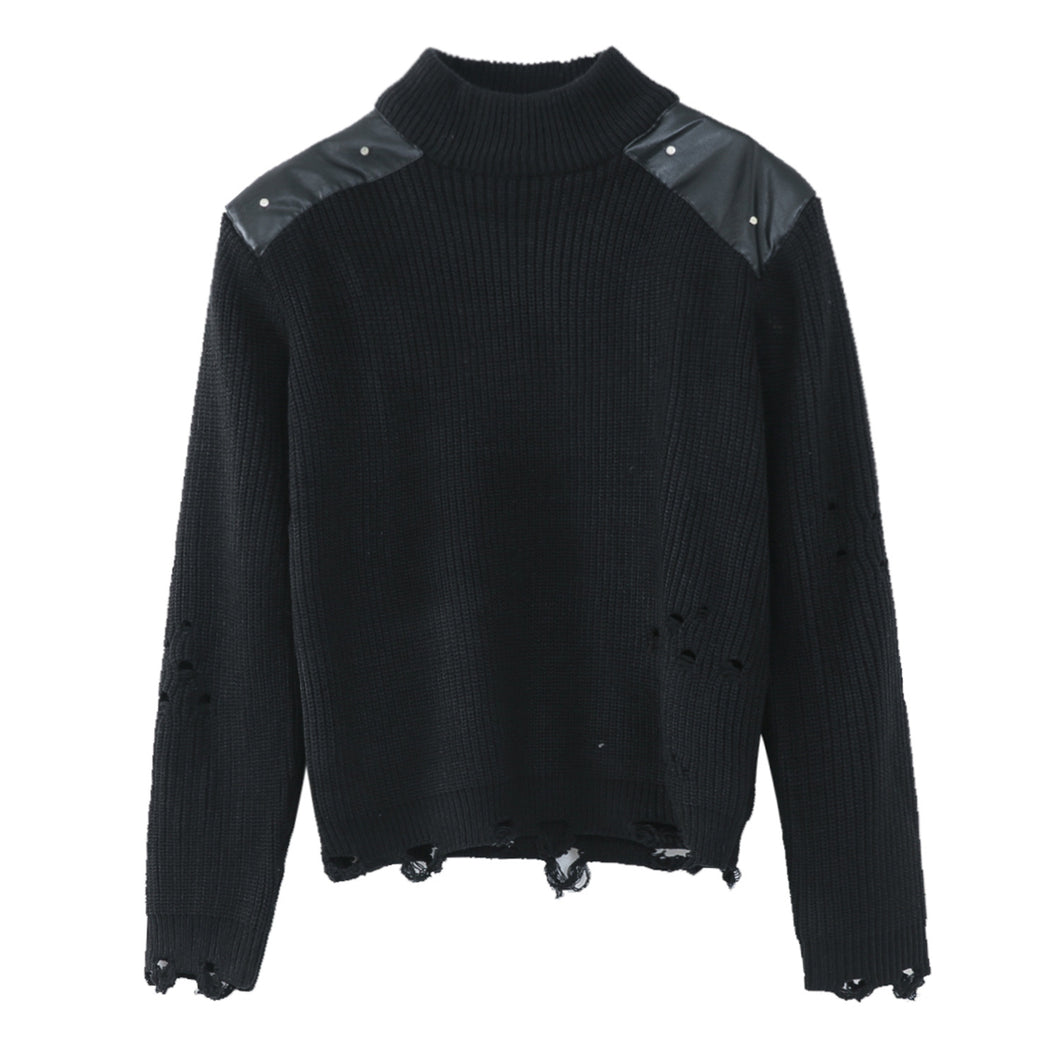 Hole Design Stitching Shoulder Pad Sweater