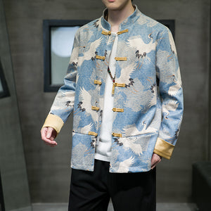 Crane Print Buckle Jacket Tang Suit