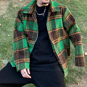 Green Plaid Zipper Lapel Slim Fit Jacket