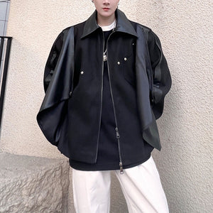 Irregular Wool and Leather Panel Jacket