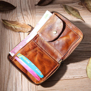 Hand Made Retro Genuine Leather Zipper Wallet