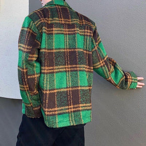 Green Plaid Zipper Lapel Slim Fit Jacket