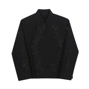 Embroidered Stand Collar Bias Placket Jacket