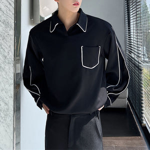 Contrast Covered Pullover Lapel Long Sleeve Shirt