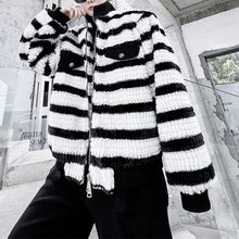 Load image into Gallery viewer, Black And White Contrast Stripe Plush Jacket
