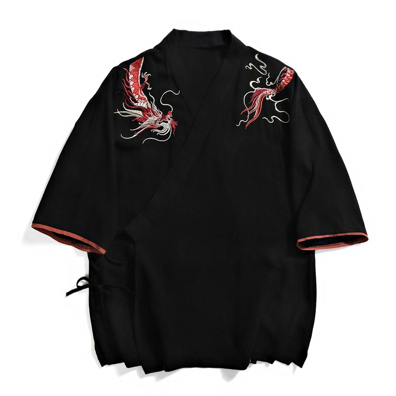 Dragon Pattern Embroidery V-neck Half-sleeved T-shirt