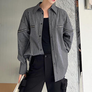 Black and White Grid Zipper Splicing Long-sleeved Shirt