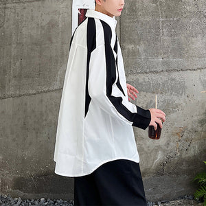 Black and White Contrast Stitching Long-sleeved Shirt