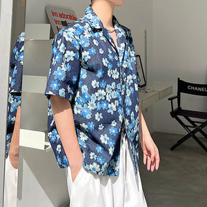 Blue Floral Lapel Short Sleeve Shirt