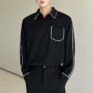 Contrast Covered Pullover Lapel Long Sleeve Shirt