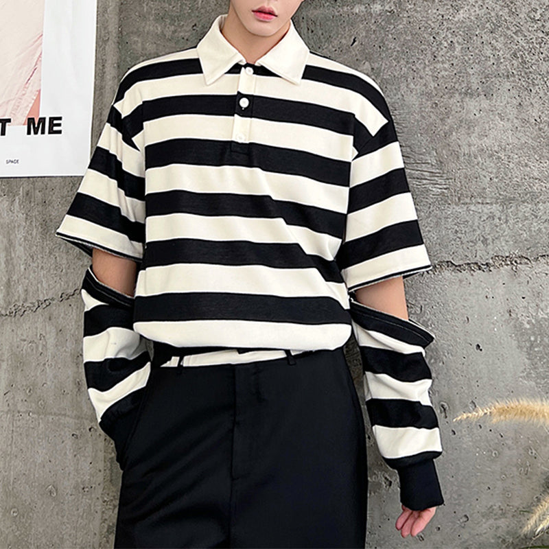 Fall Contrast Stripe Detachable POLO Lapel T-Shirt