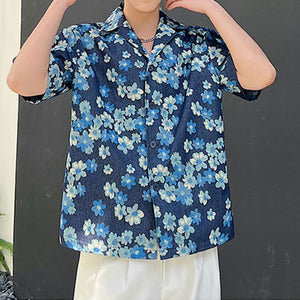 Blue Floral Lapel Short Sleeve Shirt