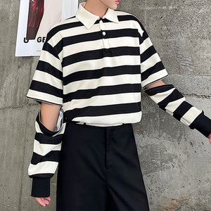 Fall Contrast Stripe Detachable POLO Lapel T-Shirt