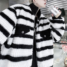 Load image into Gallery viewer, Black And White Contrast Stripe Plush Jacket
