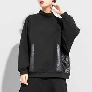 Paneled PU Leather Dolman Sleeve Pocket T-Shirt