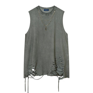 Ripped Hem Necklace Trim Sleeveless Tank Top