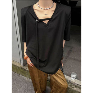 V-neck Short-Sleeved Loose Ribbon T-shirt