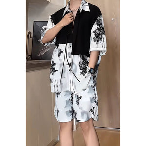 Summer Ice Silk Shirt and Shorts Two Piece Set