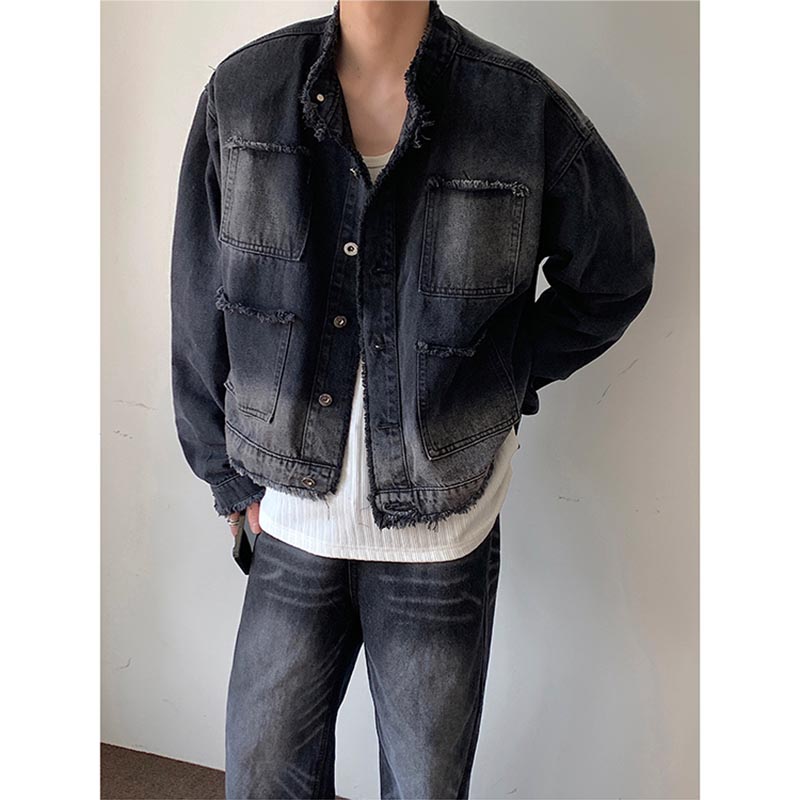 Raw Edge Ombre Shoulder Pads Cropped Denim Jacket