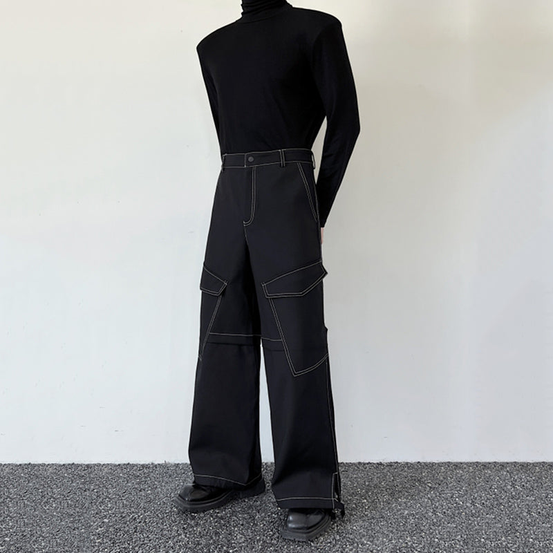 Topstitched Pockets Straight-leg Wide-leg Cargo Pants