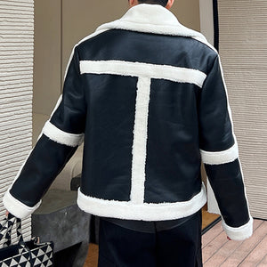 Winter Pu Leather Contrasting Stitching Thickened Jacket