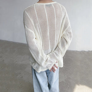 White Hollow V-neck Long Sleeves Knitted T-shirt