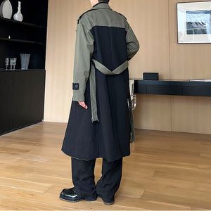 Retro Contrast Patchwork Lapel Long Trench Coat