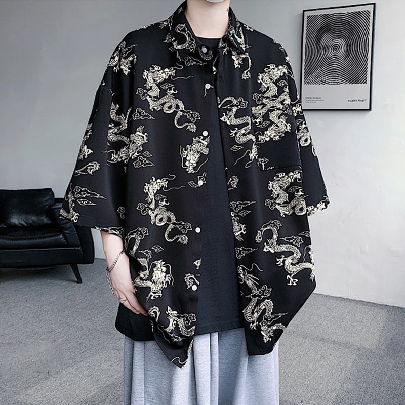 Dragon Pattern Casual Square Collar Shirt