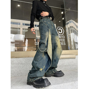 Retro Straight-leg Distressed Washed Patchwork Jeans