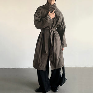 Belted Stand Collar Knee-length Trench Coat