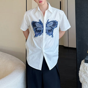 Denim Butterfly Print Loose Short Sleeve Shirt