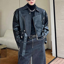 Load image into Gallery viewer, Deconstructed Washed Denim PU Leather Jacket Wide-leg Trousers Two-piece Suit
